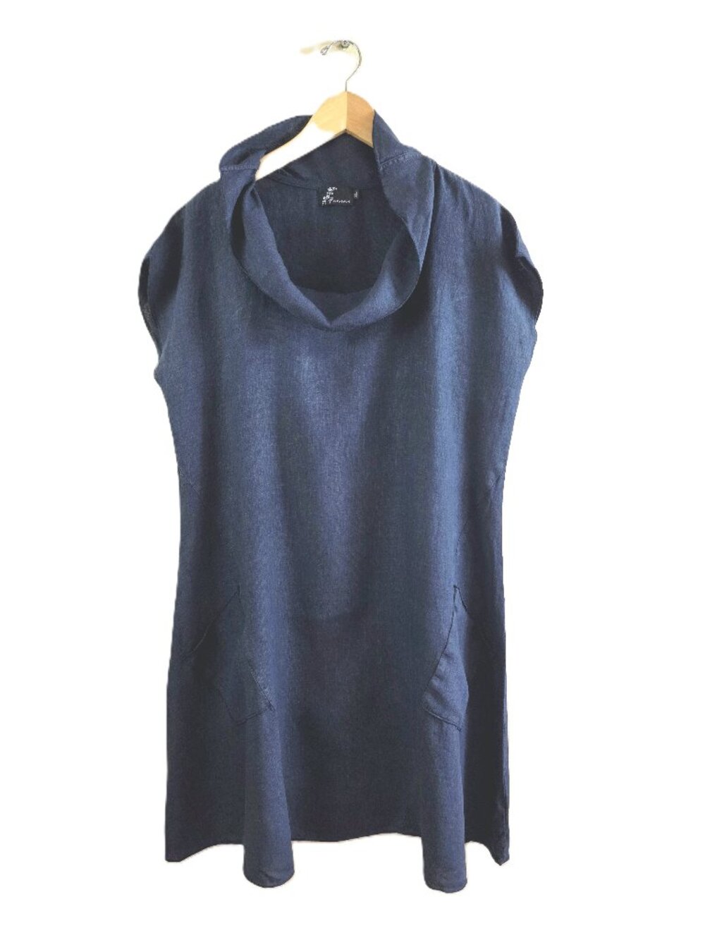 Fenini Linen Dress XL Cowl Neck Cap Sleeve Lagenlook Made in USA Midi